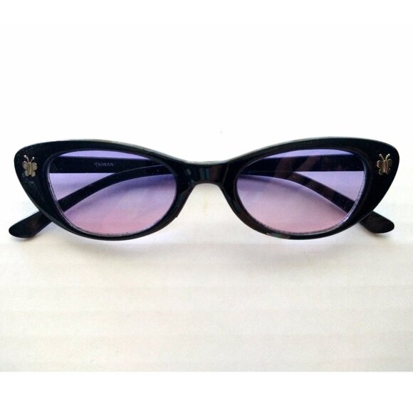 90s Butterfly Sunglasses Cateye Black Frame Violet Gradient Lens Deadstock - Picture 1 of 9